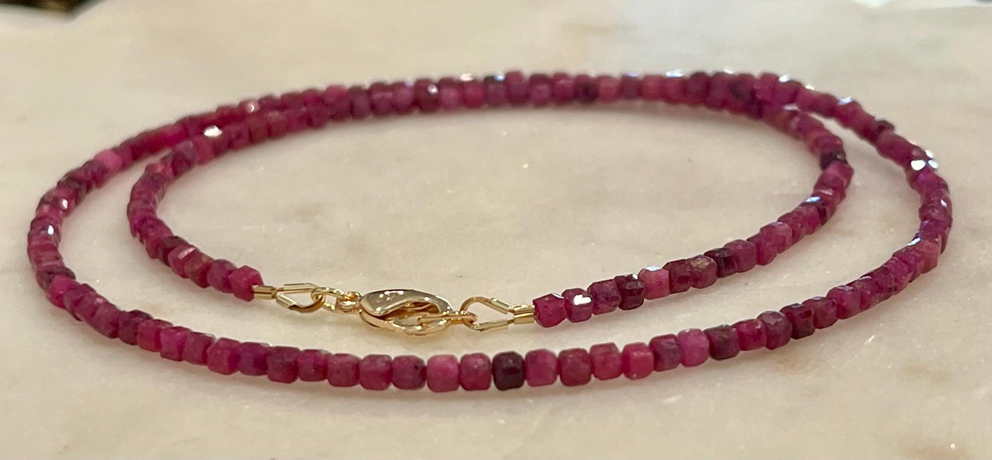 Ruby Beaded Anklet: 18k Gold Filled Clasp, 3mm Cubed Gemstones, 10.5 inches in Length