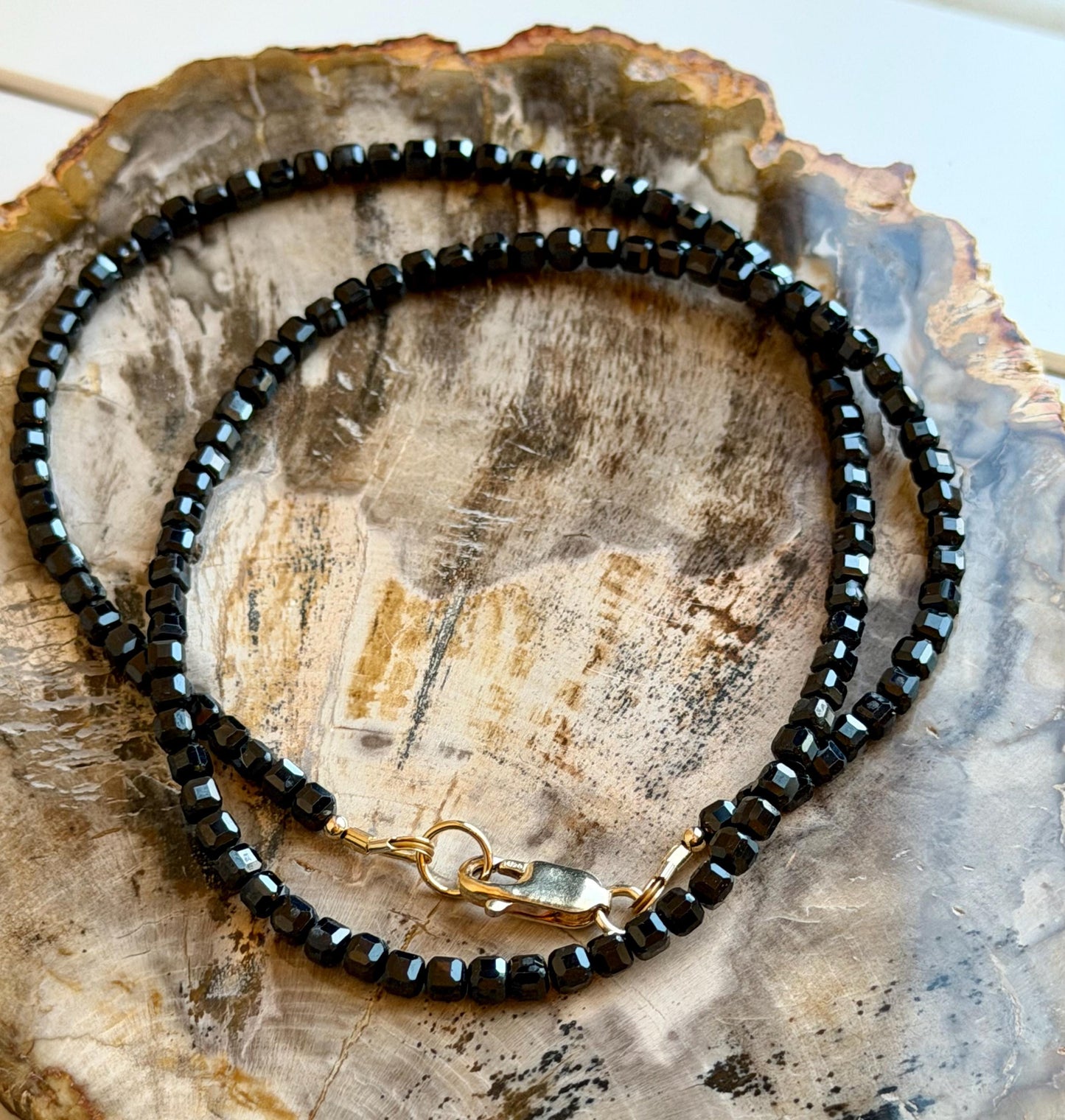 Spinel Necklace: 3mm Table Cut Cube Black Spinel Necklace Beaded Semi-Precious Gemstone Necklace, Gold Filled Clasp