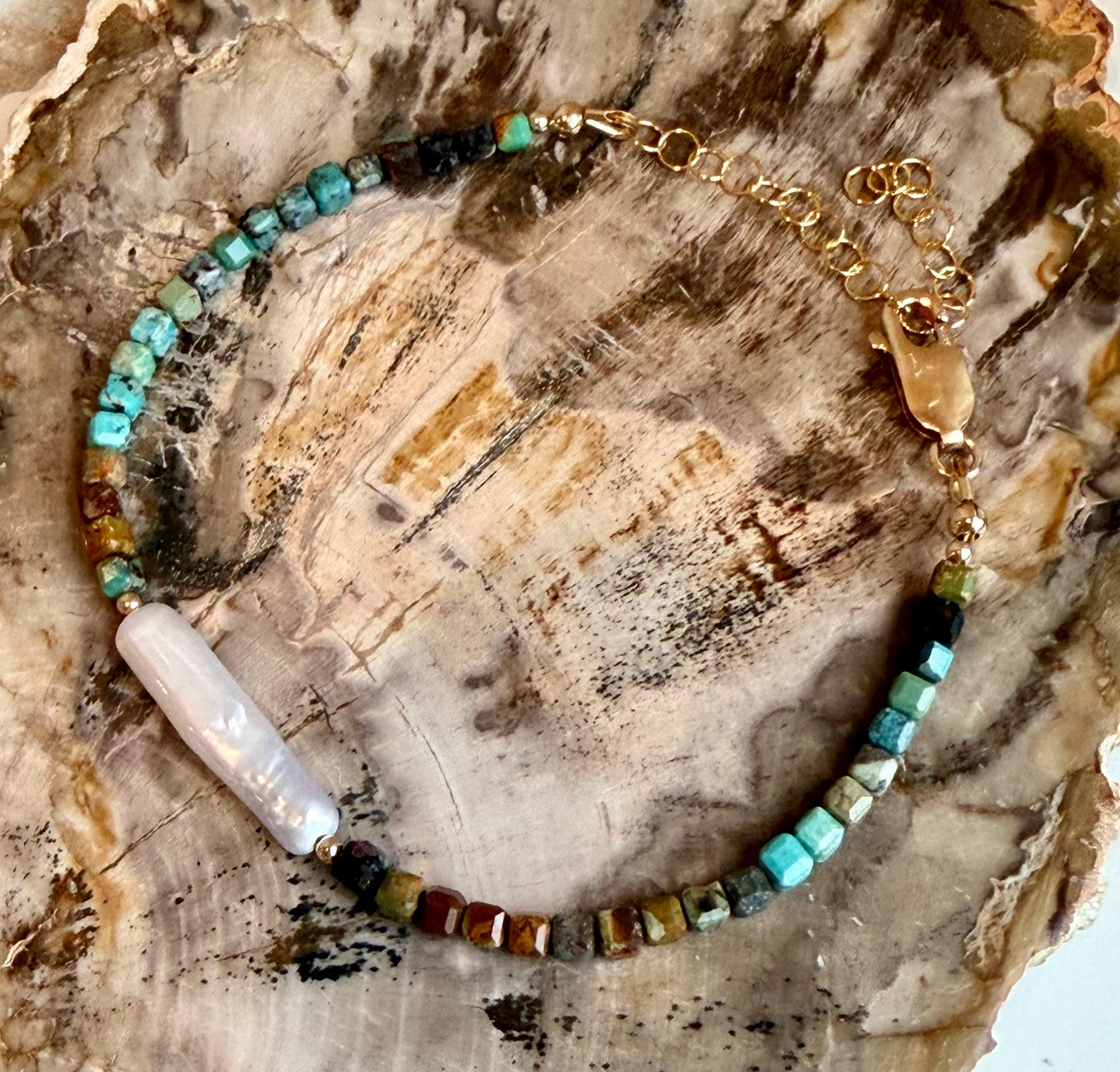 Turquoise Bracelet: Faceted 3mm Table Cubed Hubei Turquoise and Biwa Freshwater Pearl, Gold Filled Clasp, 6.5-8 inches in Length Bracelet