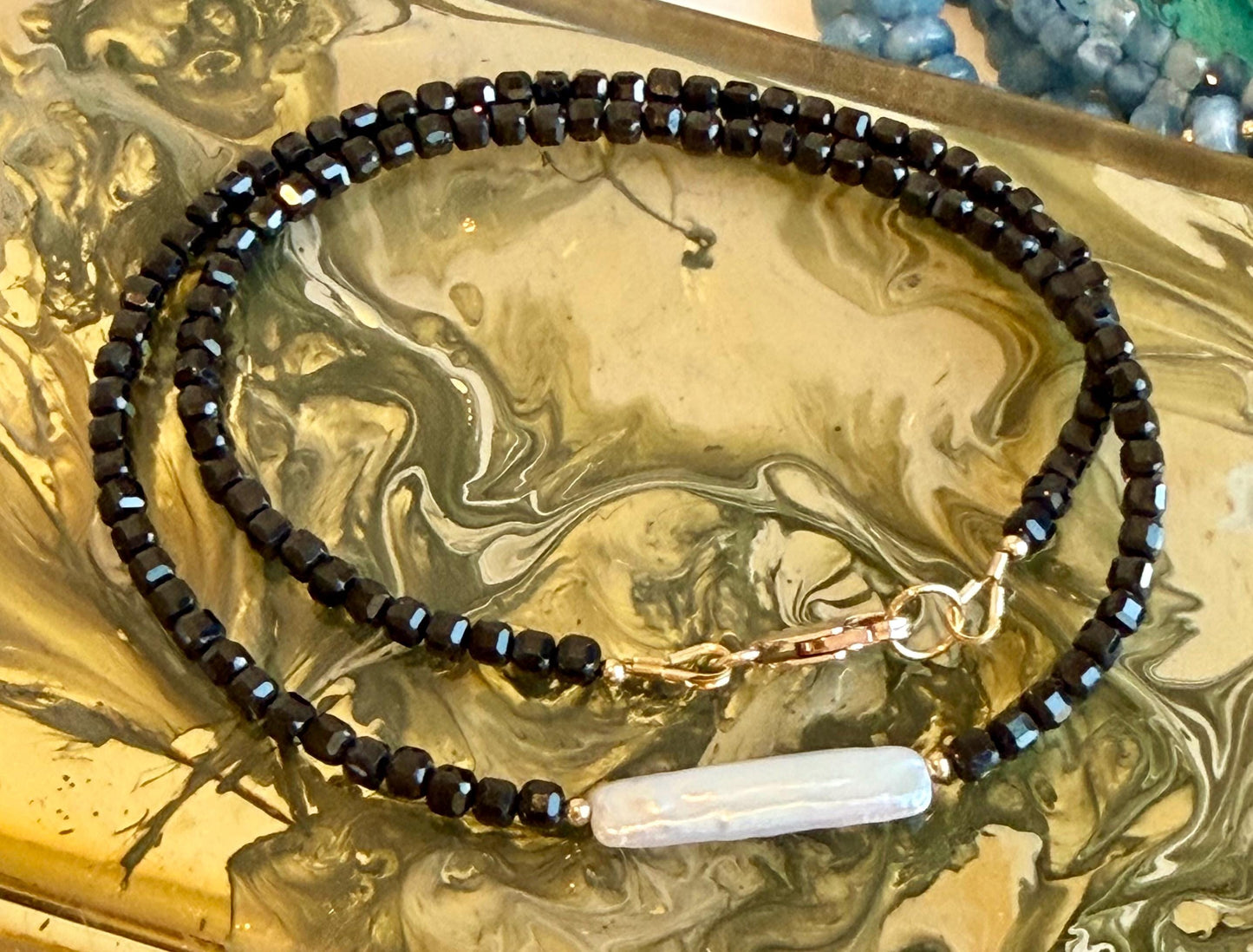 Spinel Necklace: 3mm Table Cut Cube Black Spinel and Freshwater Biwa Pearl Necklace Beaded Semi-Precious Gemstone Necklace Gold Filled Clasp