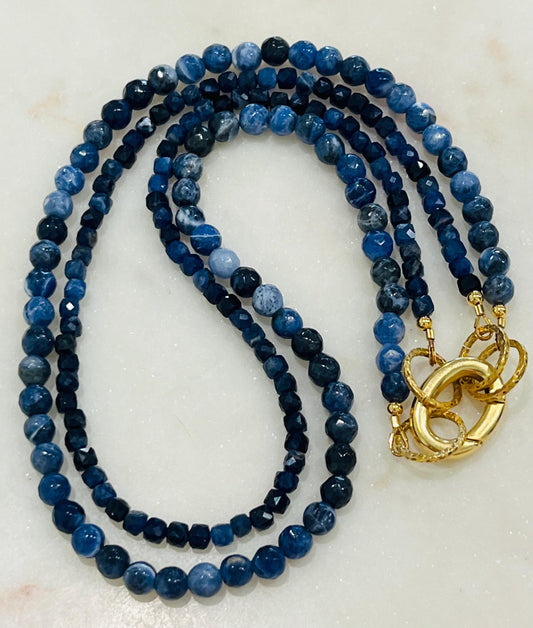 Sodalite Beaded Necklace Double Strand Gold Plated Spring Clasp Carabiner Convertible Semi-Precious Gemstone Necklace Boho Blue Beaded