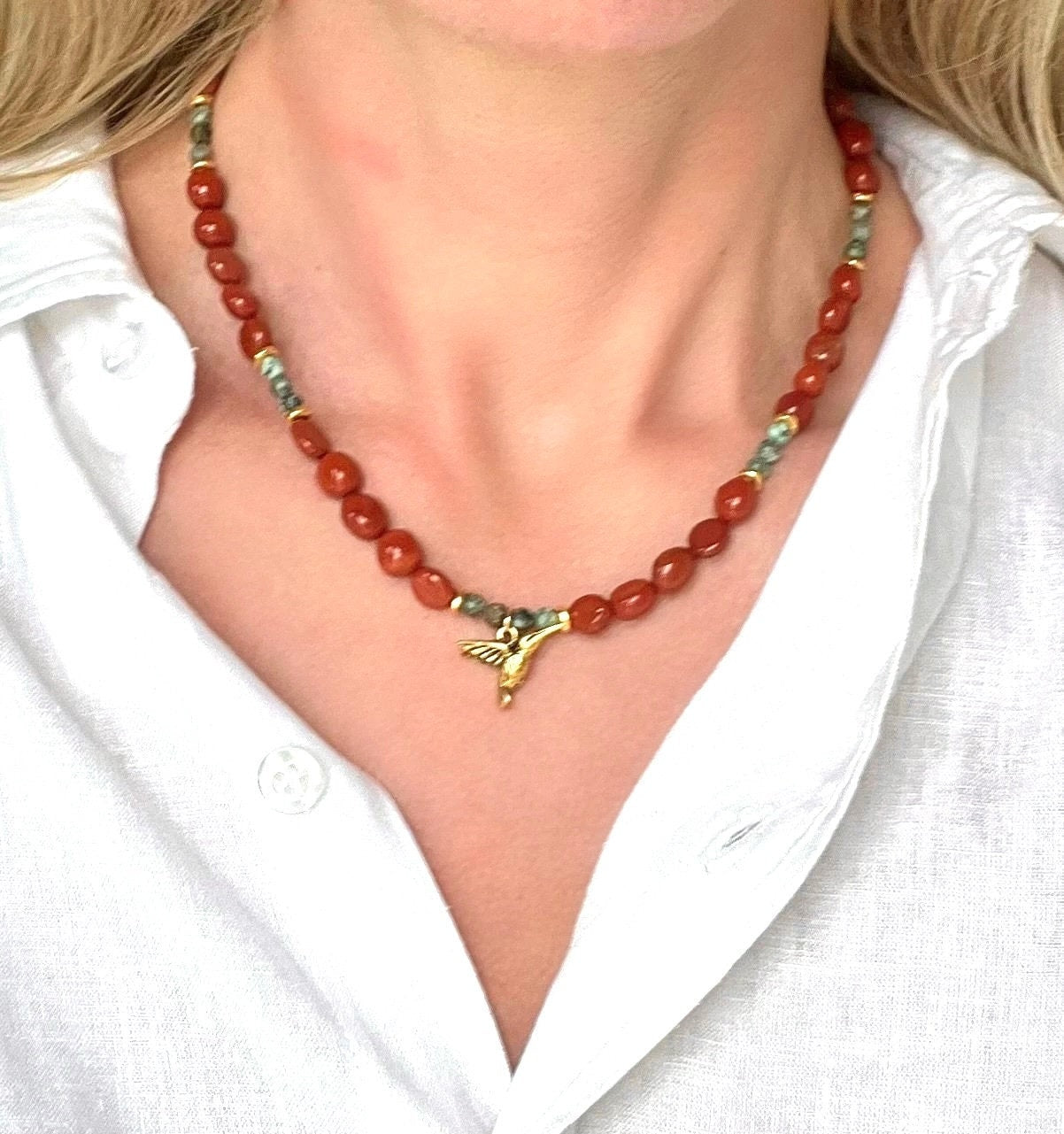 Red Jasper and Turquoise Beaded Necklace with Gold Hummingbird Pendant Gold Plated Clasp Beaded Bird Necklace Natural Gemstone Necklace