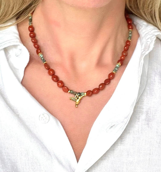 Red Jasper and Turquoise Beaded Necklace with Gold Hummingbird Pendant Gold Plated Clasp Beaded Bird Necklace Natural Gemstone Necklace