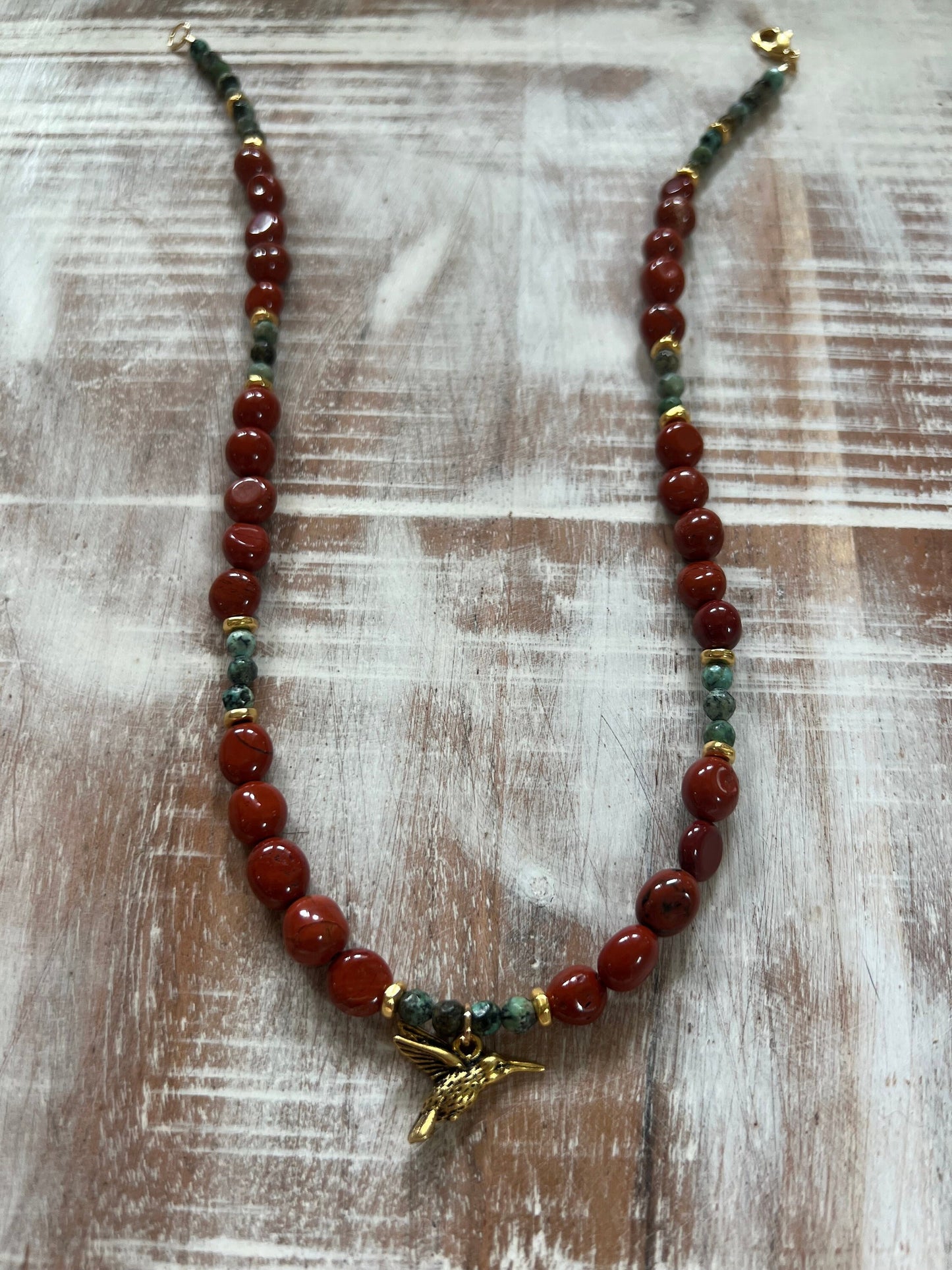 Red Jasper and Turquoise Beaded Necklace with Gold Hummingbird Pendant Gold Plated Clasp Beaded Bird Necklace Natural Gemstone Necklace