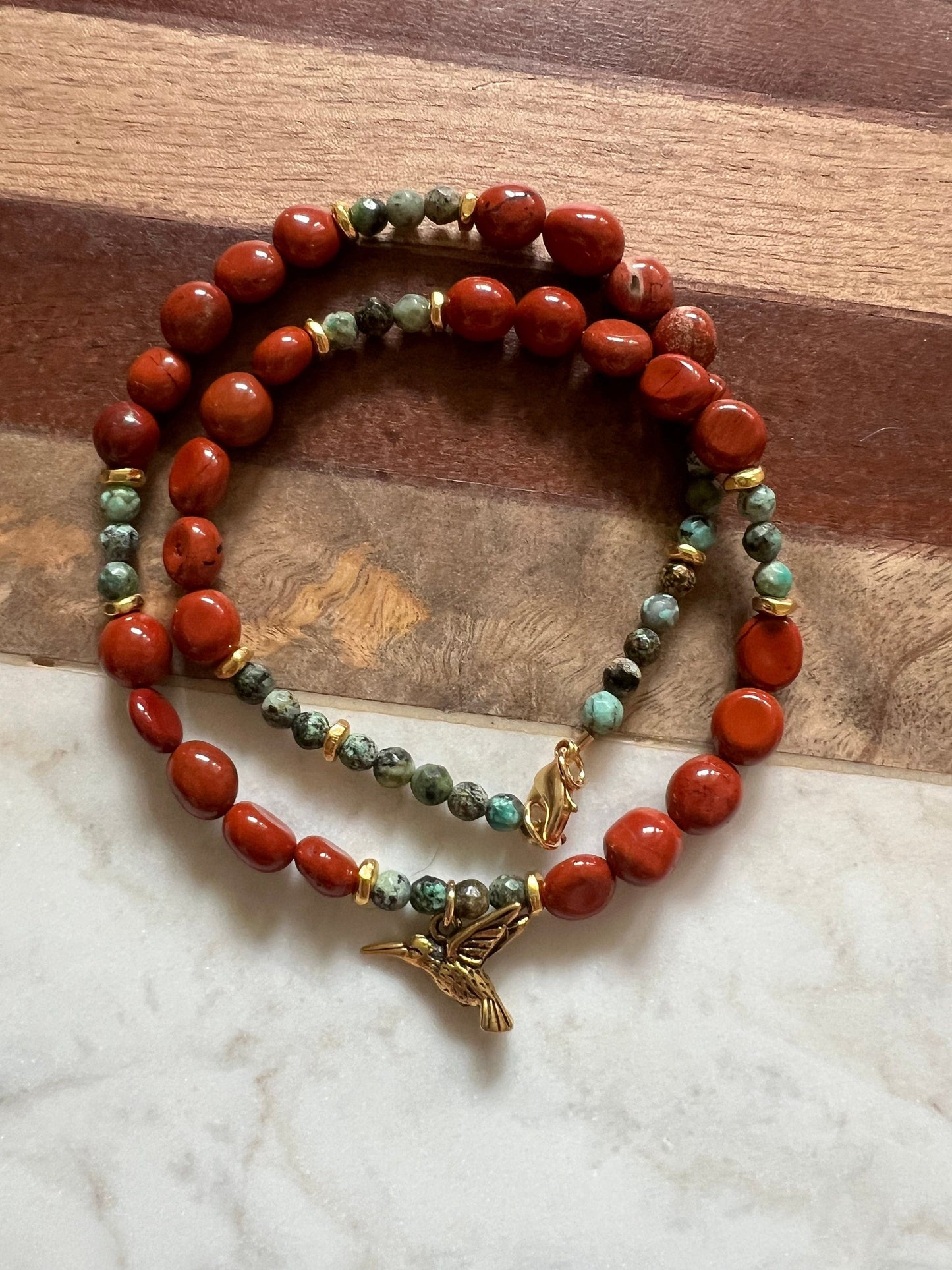 Red Jasper and Turquoise Beaded Necklace with Gold Hummingbird Pendant Gold Plated Clasp Beaded Bird Necklace Natural Gemstone Necklace