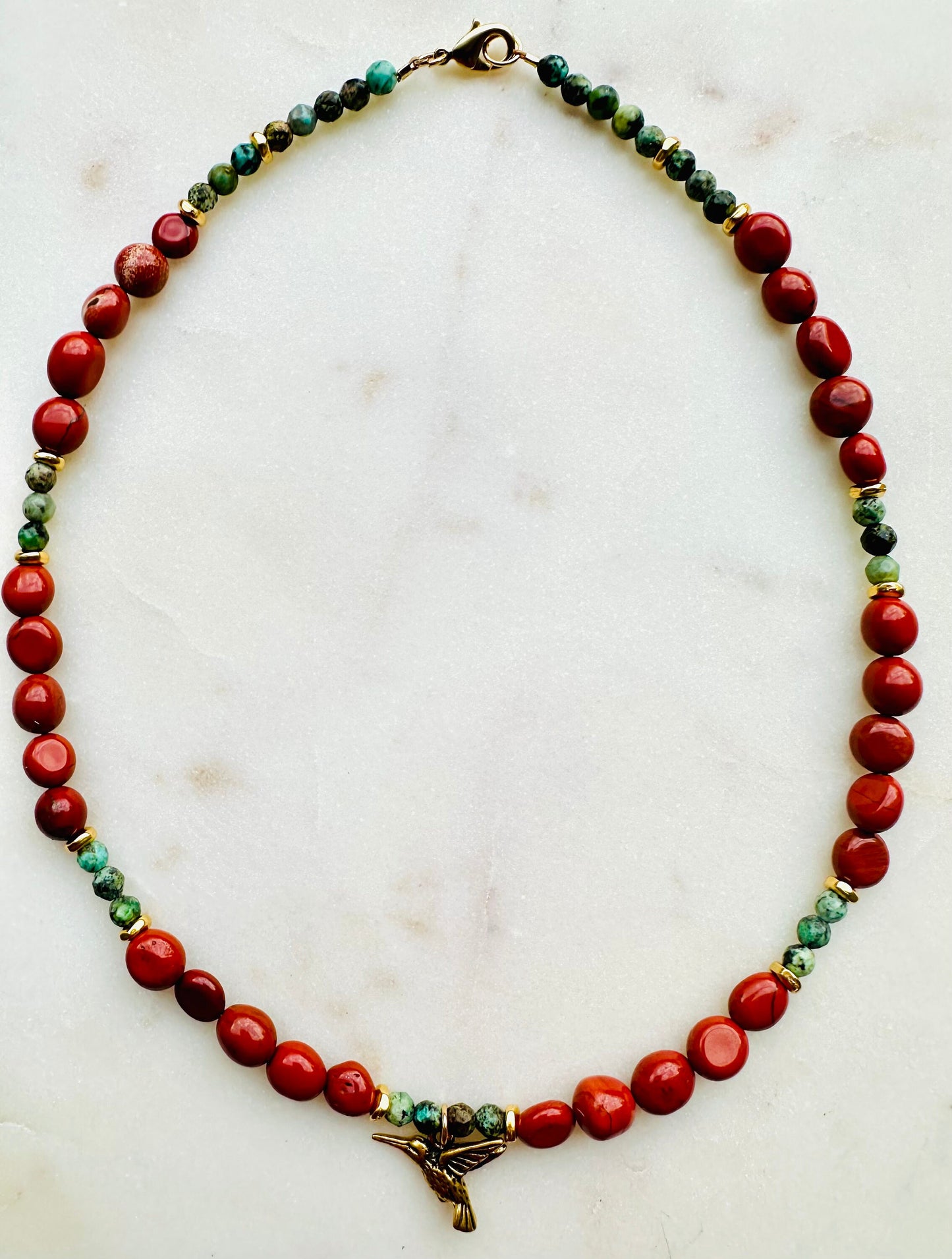 Red Jasper and Turquoise Beaded Necklace with Gold Hummingbird Pendant Gold Plated Clasp Beaded Bird Necklace Natural Gemstone Necklace