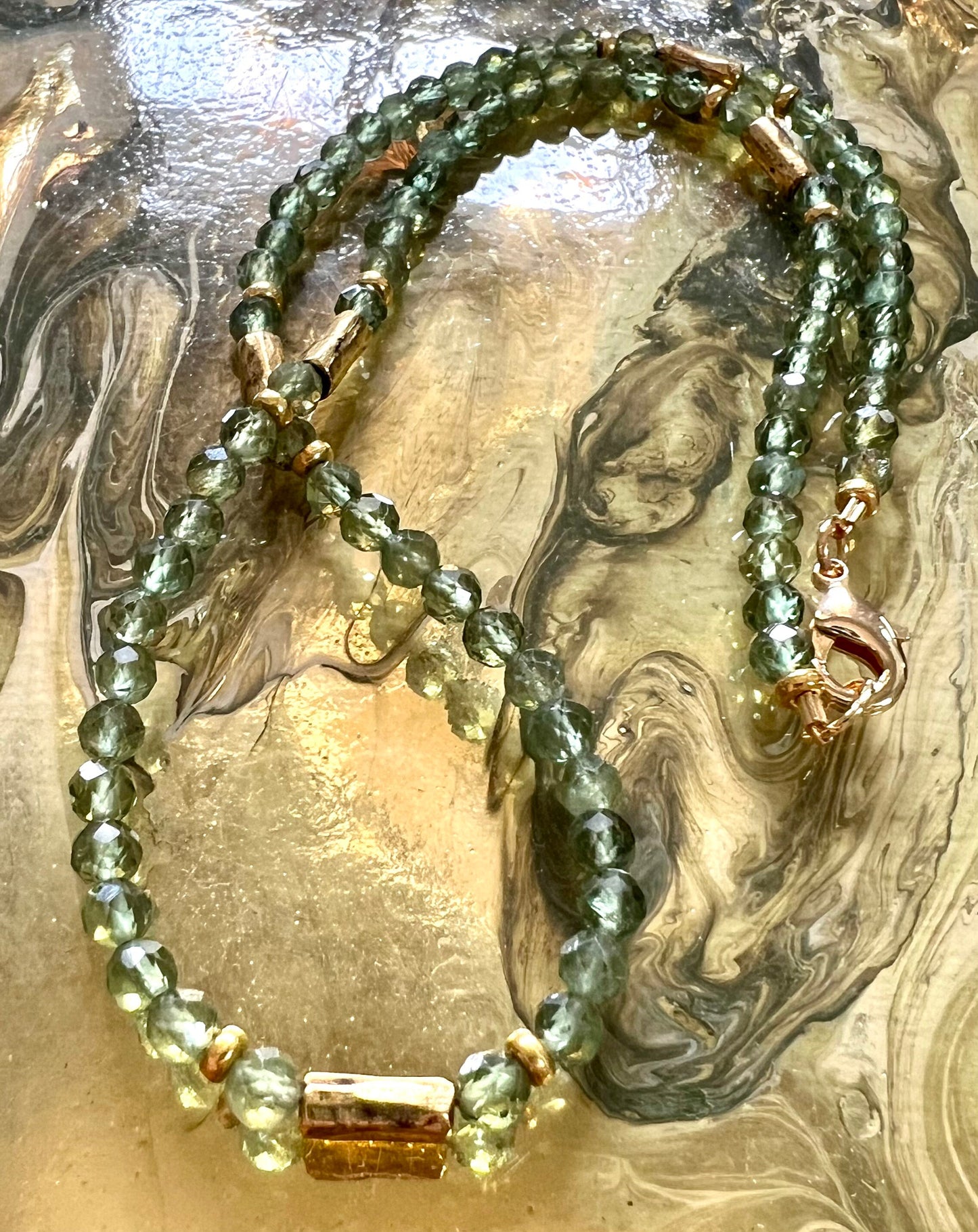 Apatite Beaded Layering Necklace Gold Vintage Looking Beads Green Apatite 18k Gold Filled Clasp Bohemian Semi-Precious Gemstone Necklace