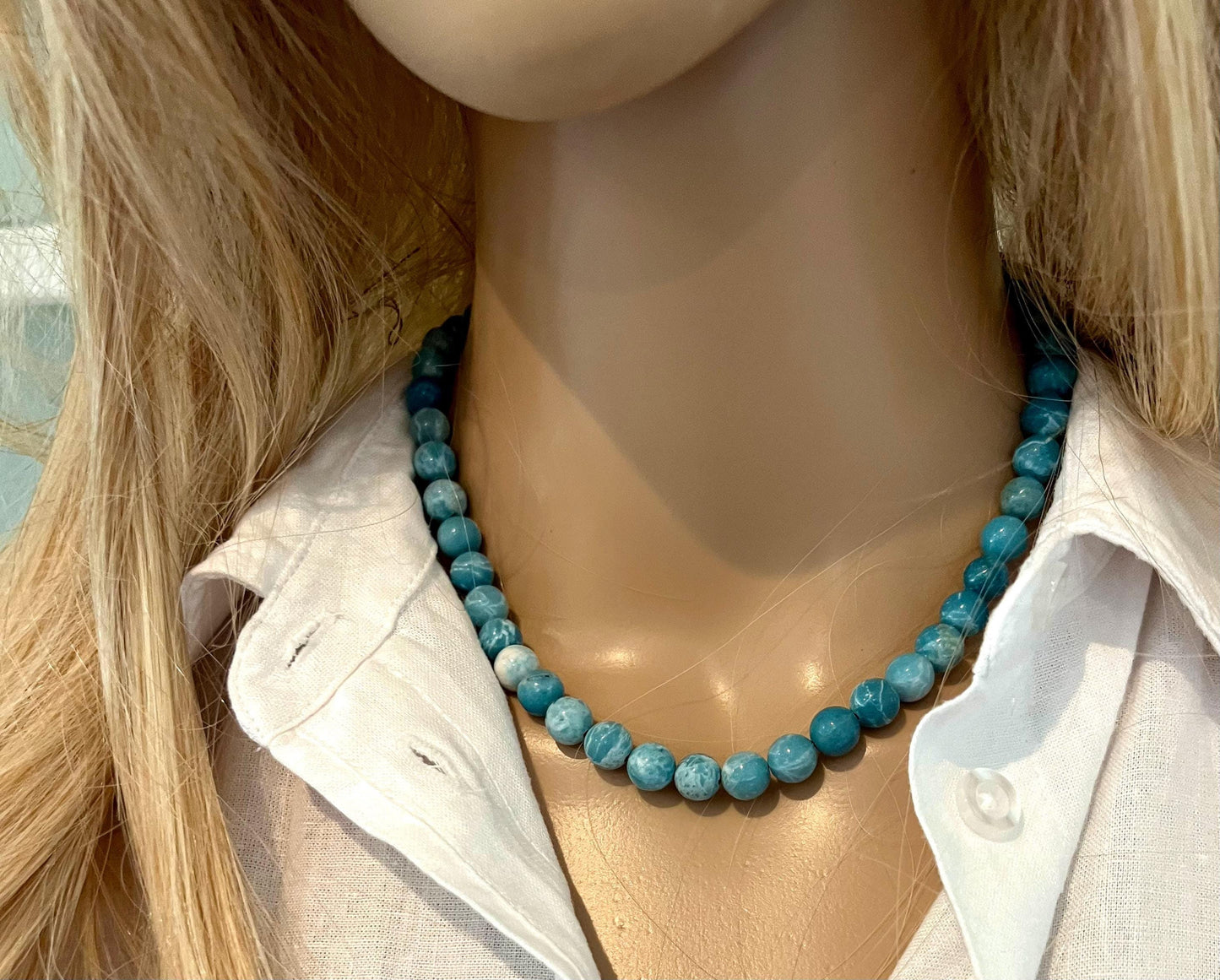 Larimar Quartz Beaded Necklace: 18k Gold Filled Clasp, 8mm Gemstone
