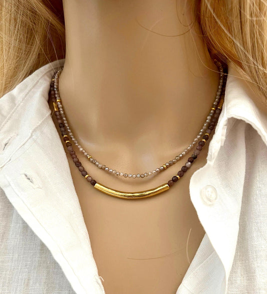 Mystic Moonstone Aventurine Double Strand Beaded Necklace Non-Tarnish Gold Plated Pewter Hook and Eye Clasp 2 Strand Layering Necklace
