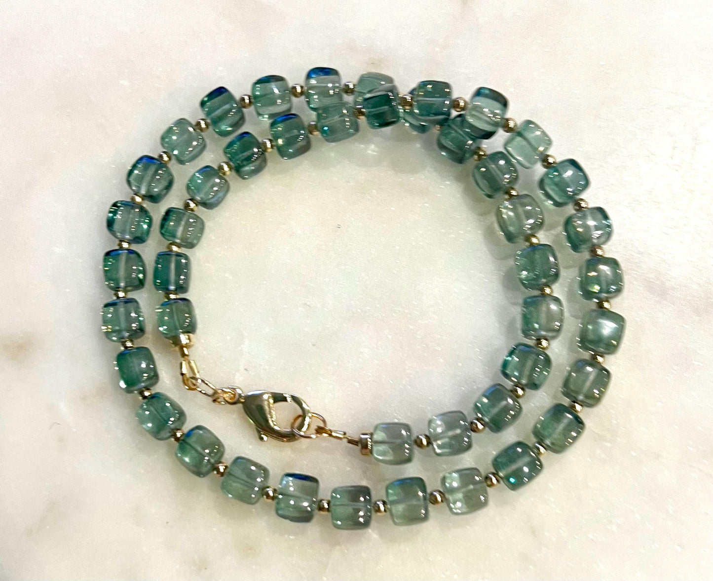 Green Quartz Beaded Necklace with 18k Gold Filled Clasp and Beads Sparkling Green Beaded Necklace Green Quartz Layering Necklace
