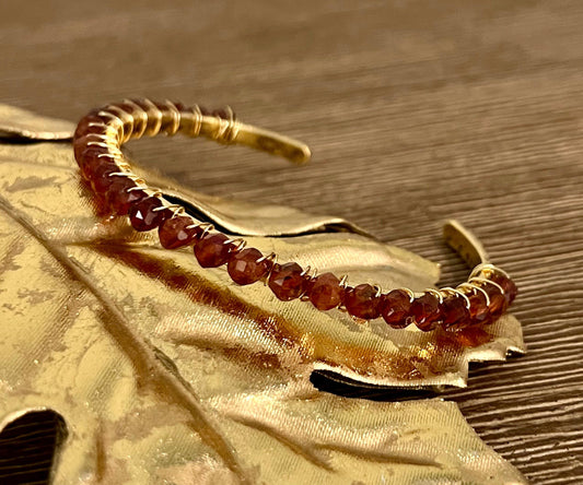 Hessonite Beaded Wrap Bracelet Orange Garnet Stones on Non-Tarnish Gold Plated Pewter Hammered Cuff 4mm Cubed Stones Bohemian Jewelry Boho