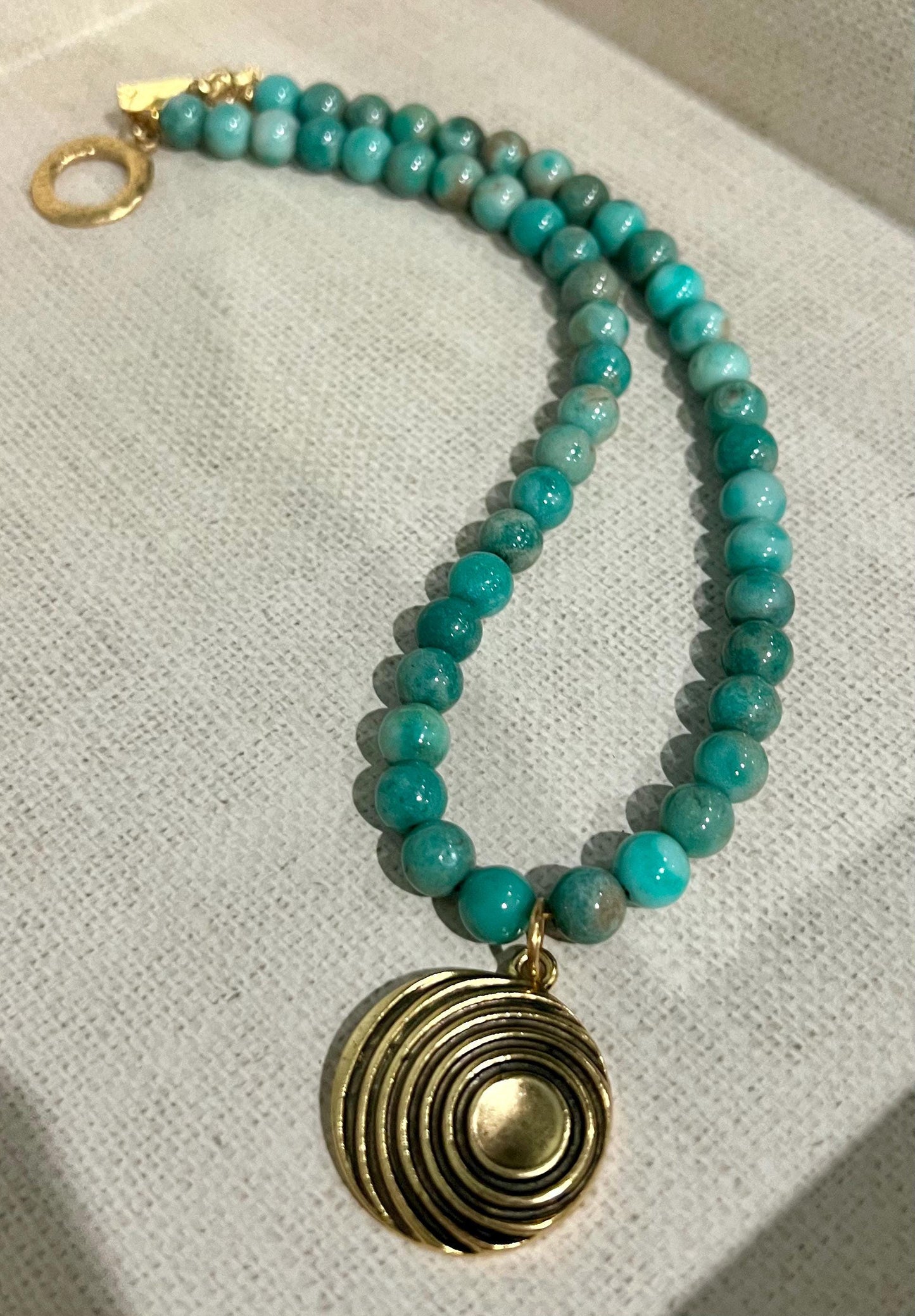 Chrysoprase Beaded Necklace: Gold Swirl Pendant, Bohemian Style