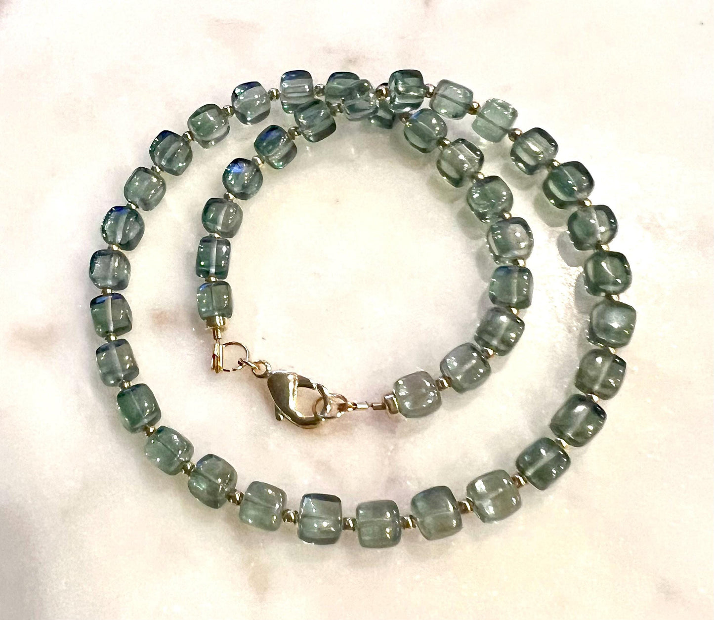 Green Quartz Beaded Necklace with 18k Gold Filled Clasp and Beads Sparkling Green Beaded Necklace Green Quartz Layering Necklace