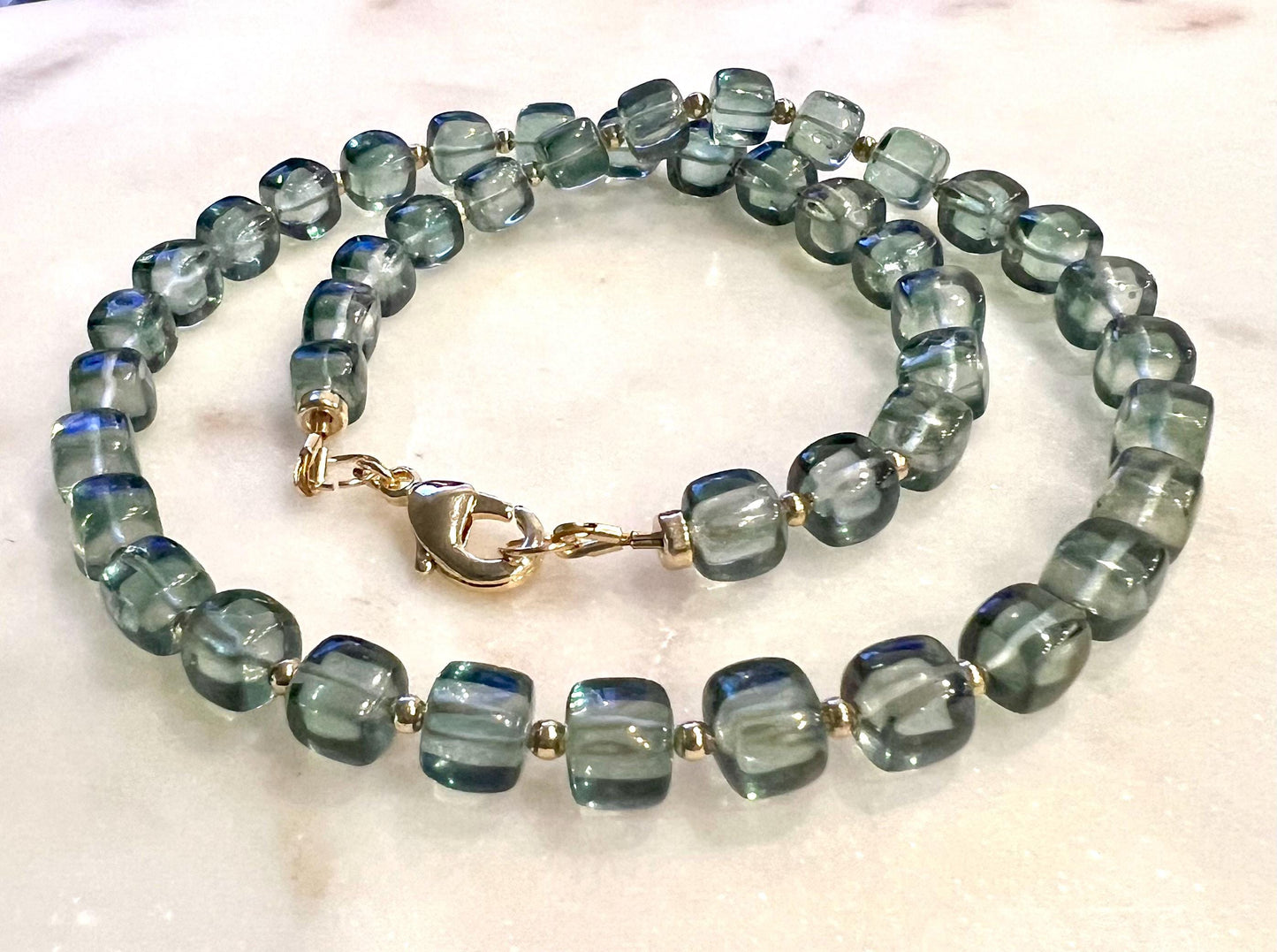 Green Quartz Beaded Necklace with 18k Gold Filled Clasp and Beads Sparkling Green Beaded Necklace Green Quartz Layering Necklace