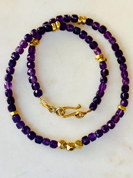 Amethyst Beaded Necklace: Gold Plated Clasp, Layering Gemstone Jewelry