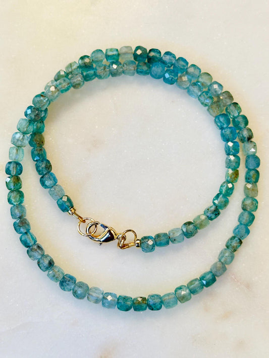 Blue Apatite Beaded Necklace: 18k Gold Filled Clasp, 4mm Faceted Gemstone