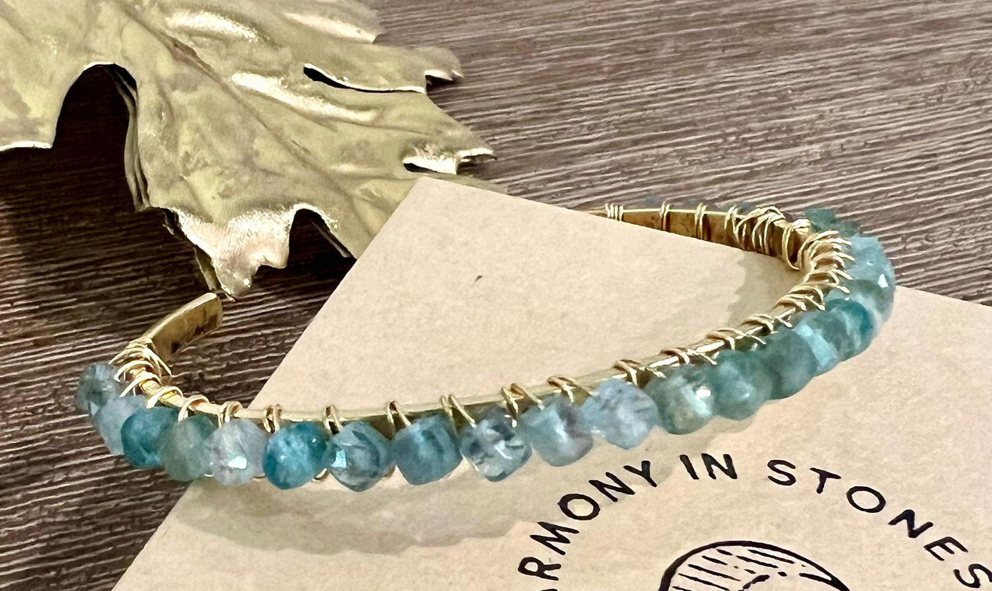 Blue Apatite Beaded Wrap Bracelet Light Blue Stones on Non-Tarnish Gold Plated Pewter Hammered Cuff 4mm Cubed Stones Bohemian Jewelry Boho