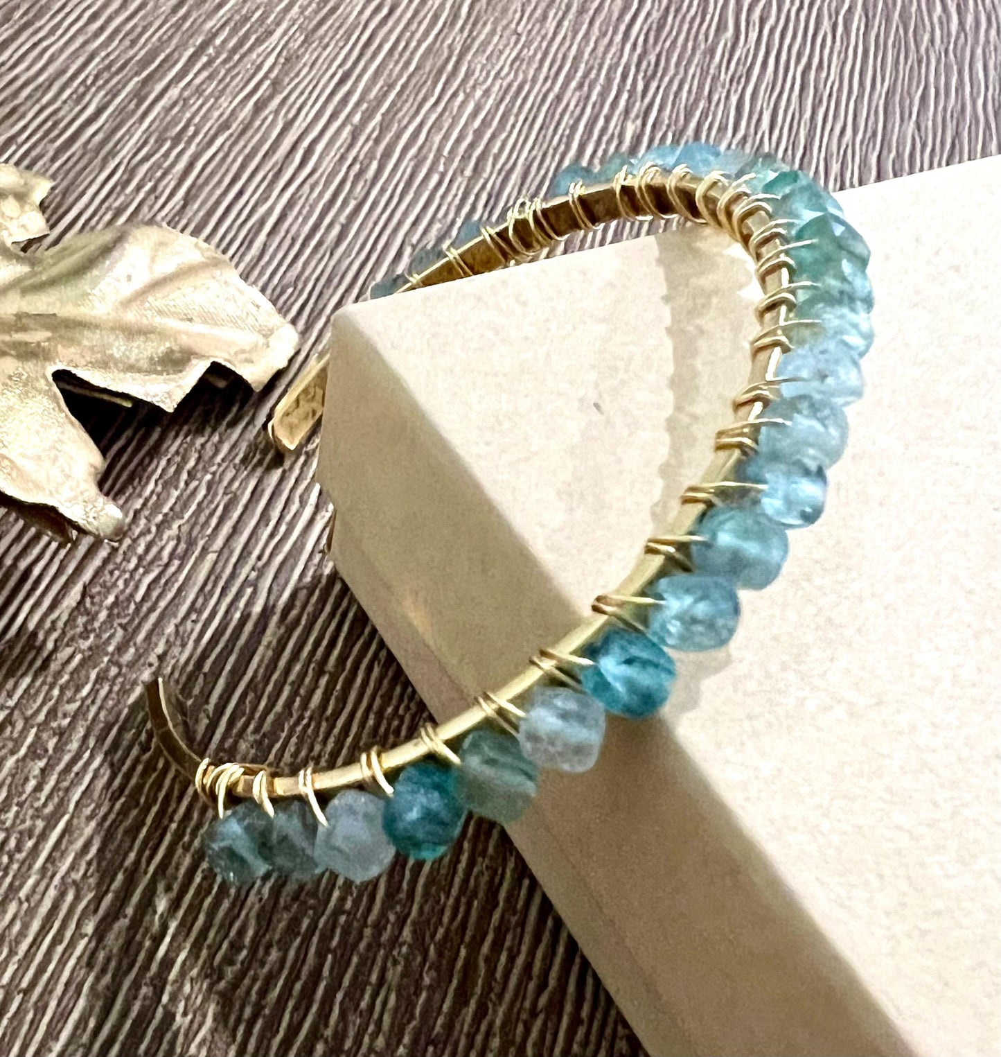 Blue Apatite Beaded Wrap Bracelet Light Blue Stones on Non-Tarnish Gold Plated Pewter Hammered Cuff 4mm Cubed Stones Bohemian Jewelry Boho