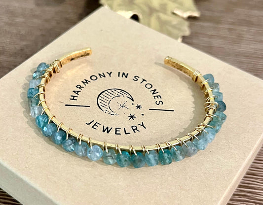 Blue Apatite Beaded Wrap Bracelet Light Blue Stones on Non-Tarnish Gold Plated Pewter Hammered Cuff 4mm Cubed Stones Bohemian Jewelry Boho