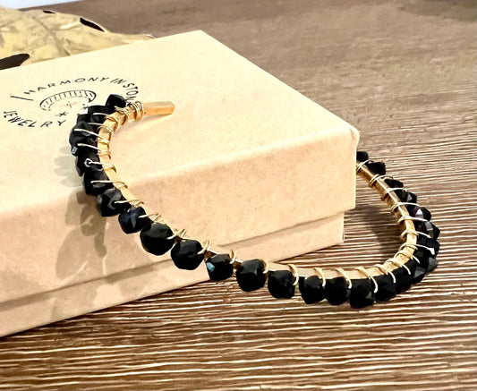 Black Tourmaline Beaded Wrap Bracelet Black Beads on Non-Tarnish Gold Plated Pewter Cuff 4mm Cubed Tourmaline Stones Bohemian Jewelry Boho
