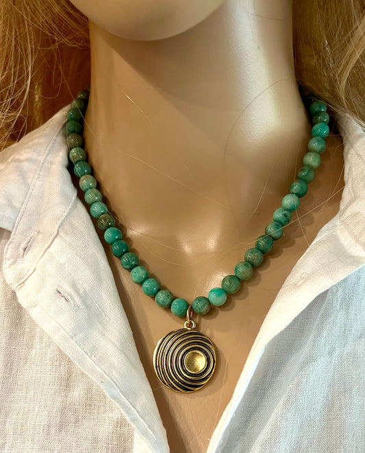 Chrysoprase Beaded Necklace: Gold Swirl Pendant, Bohemian Style