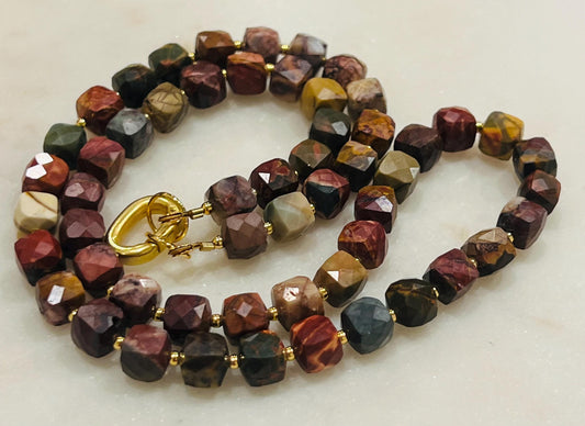 Red Creek Jasper Beaded Necklace Gold Plated Spring Carabiner Clasp Natural Semi-Precious Gemstones Necklace 7mm Cubed Faceted Jasper Stones