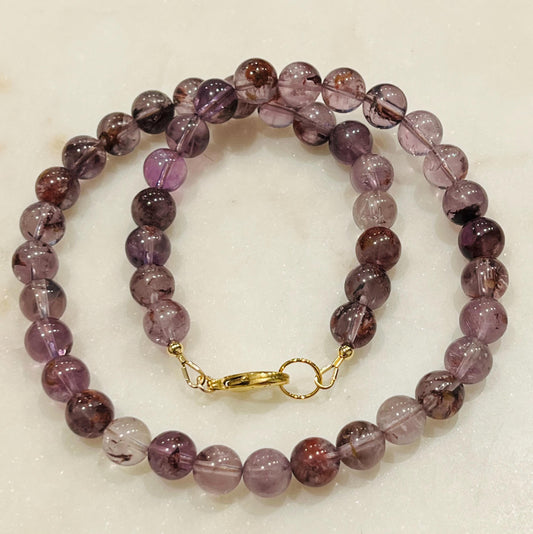 Amethyst Beaded Necklace Super 7 Cacoxenite Purple Phantom Beaded Necklace 18k Gold Filled Clasp Natural Semi-Precious Gemstone Necklace