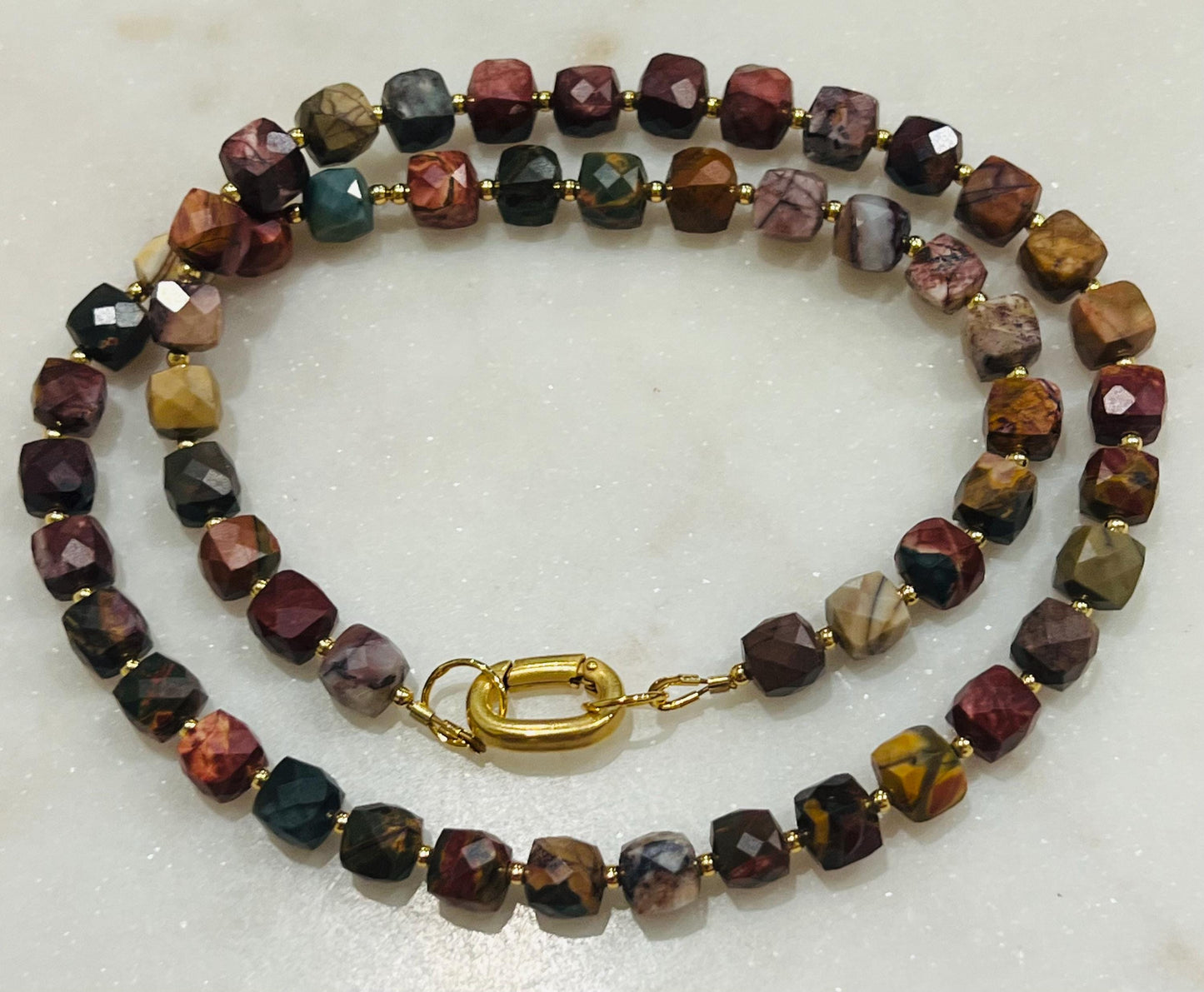 Red Creek Jasper Beaded Necklace Gold Plated Spring Carabiner Clasp Natural Semi-Precious Gemstones Necklace 7mm Cubed Faceted Jasper Stones