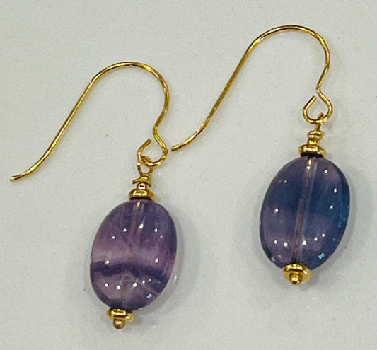 Fluorite Drop Earrings Purple Fluorite  Stones Beaded Boho Purple Fluorite Oval Earrings 1.5 inches in Length