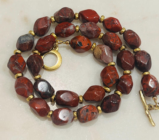 Red Jasper Beaded Necklace Large Faceted Beads Semi-Precious Beaded Necklace Large Red Poppy Stones with Gold Plated Pewter Easy Toggle