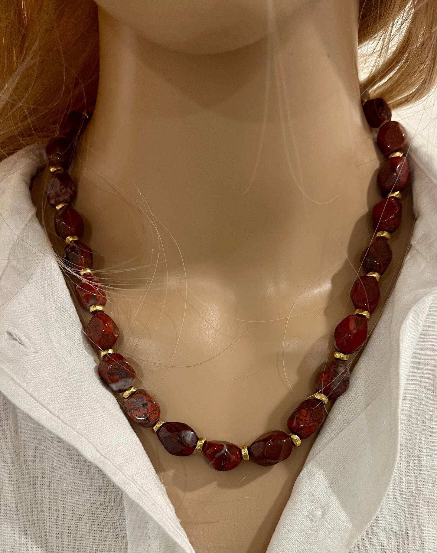 Red Jasper Beaded Necklace Large Faceted Beads Semi-Precious Beaded Necklace Large Red Poppy Stones with Gold Plated Pewter Easy Toggle