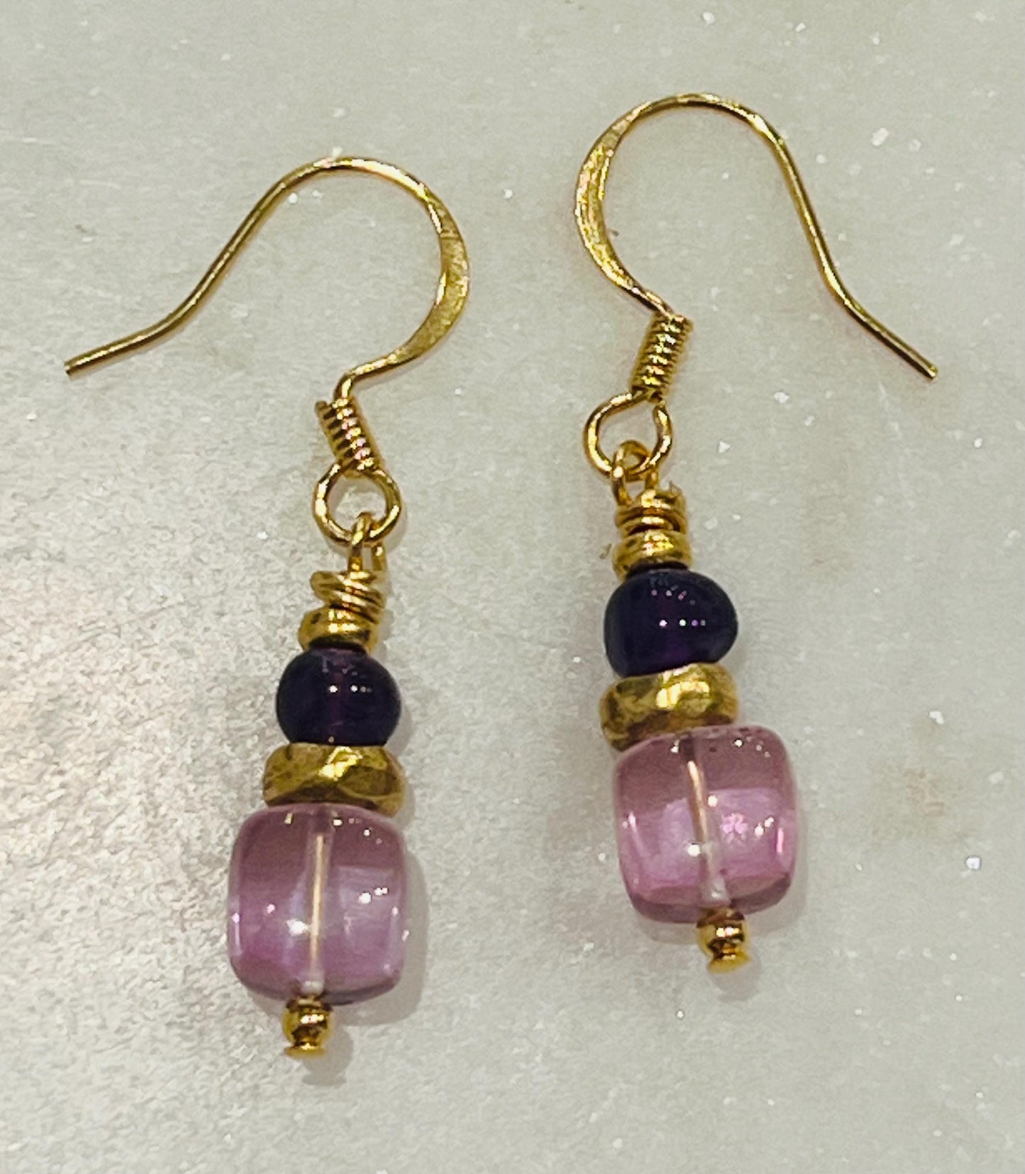 Amethyst and Pink Quartz Beaded Earrings Purple Drop Small Earrings 1.25 inch Drop Earrings