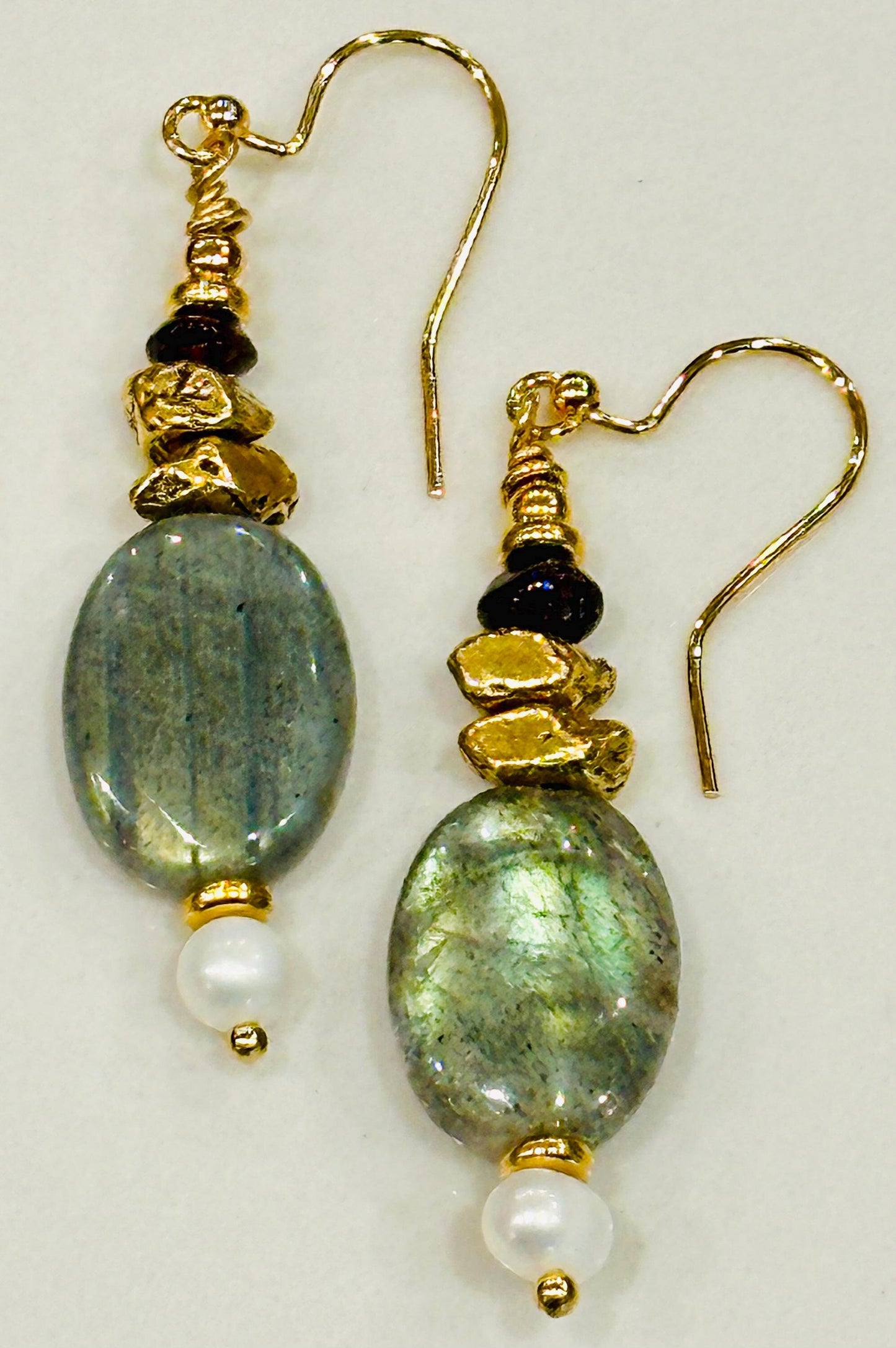 Labradorite Earrings Drop Gold Garnet Pearl Earrings Red Grey Pearl Beaded Bohemian Earrings Round Drop Earrings 2.5 inch Drop