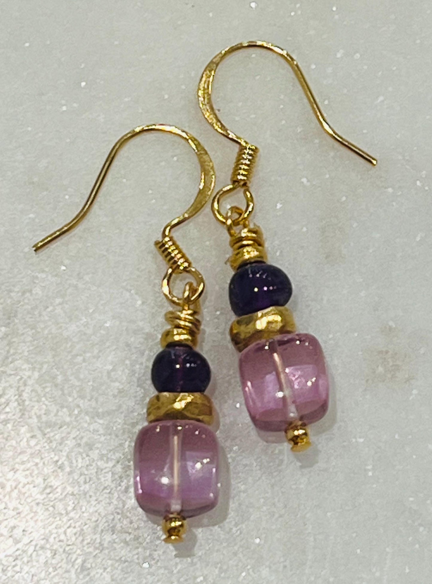Amethyst and Pink Quartz Beaded Earrings Purple Drop Small Earrings 1.25 inch Drop Earrings