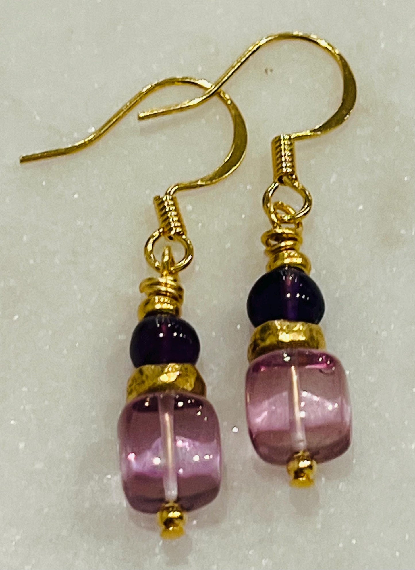 Amethyst and Pink Quartz Beaded Earrings Purple Drop Small Earrings 1.25 inch Drop Earrings
