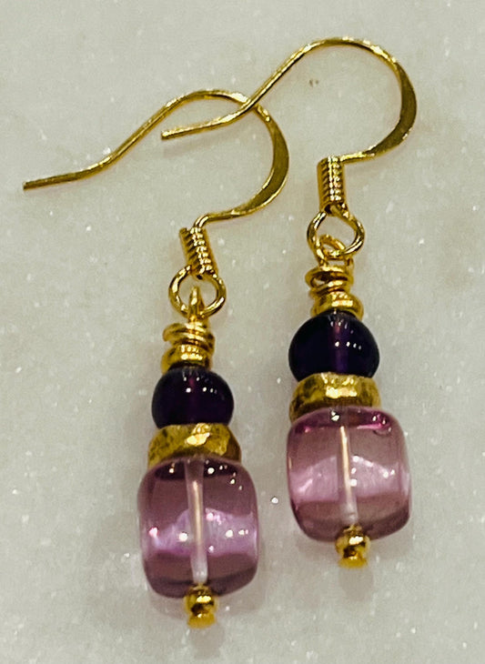 Amethyst and Pink Quartz Beaded Earrings Purple Drop Small Earrings 1.25 inch Drop Earrings