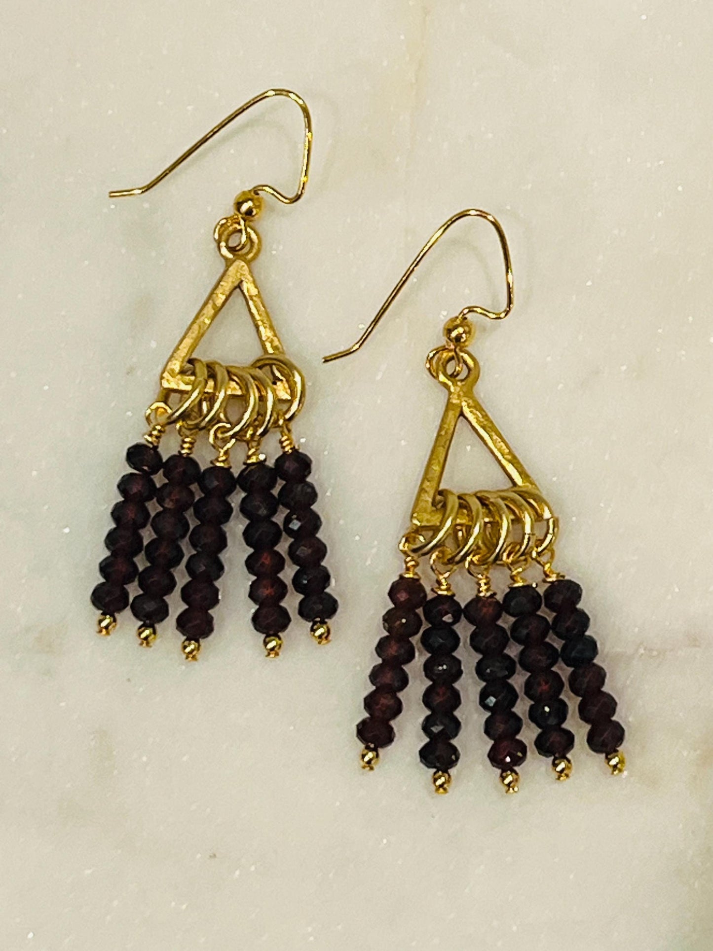 Red Garnet Beaded Earrings Deep Red and Gold Earrings 2 inch Drop Earrings Gold Plated Pewter Triangle with Dangling Deep Red Garnet Beads