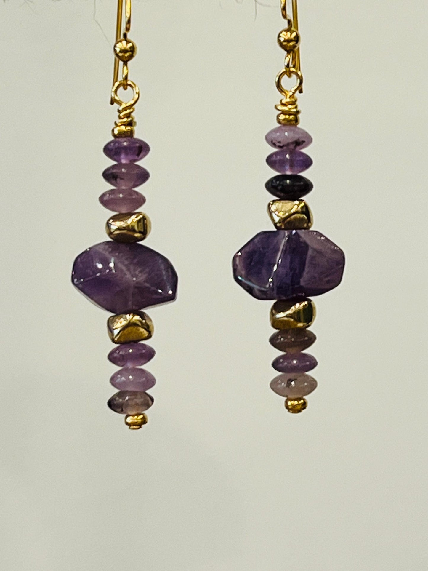 Amethyst Beaded Earrings Purple and Gold Earrings 2.5 inch Non-tarnish Gold Plated Pewter Post Drop Earrings  Amethyst Faceted Stones