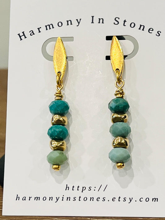 Chrysoprase Beaded Drop Earrings Non-Tarnish Gold Plated Pewter Beads/Post Earrings Natural Semi-Precious Gemstones Dangle Boho 2 inch
