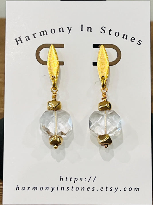 Clear Quartz Beaded Earrings Quartz Faceted Drop Earrings 1.75inch Gold Plated Pewter Post Drop Earrings Navette Shaped Post