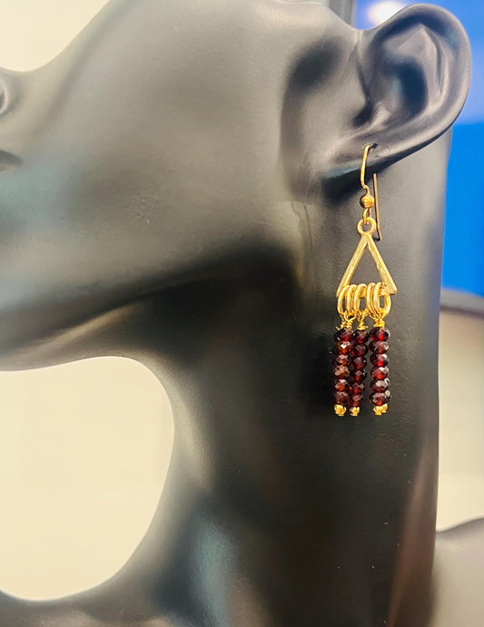 Red Garnet Beaded Earrings Deep Red and Gold Earrings 2 inch Drop Earrings Gold Plated Pewter Triangle with Dangling Deep Red Garnet Beads