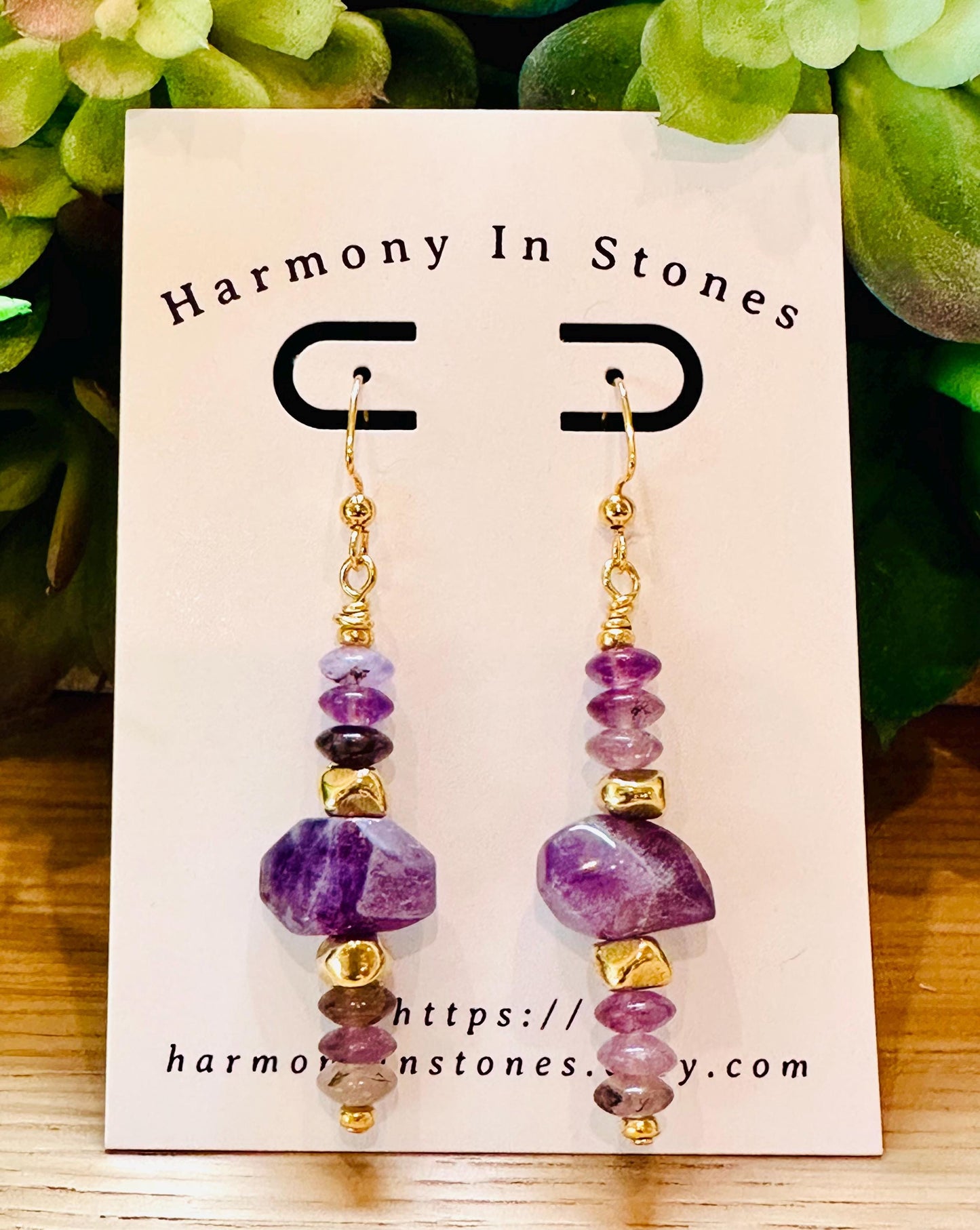 Amethyst Beaded Earrings Purple and Gold Earrings 2.5 inch Non-tarnish Gold Plated Pewter Post Drop Earrings  Amethyst Faceted Stones