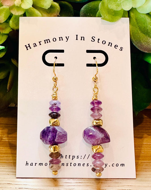 Amethyst Beaded Earrings Purple and Gold Earrings 2.5 inch Non-tarnish Gold Plated Pewter Post Drop Earrings  Amethyst Faceted Stones