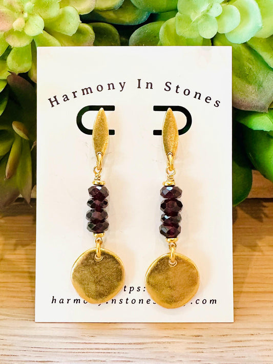 Garnet And Gold Coin Drop Earrings 2.5 inches in Length Non-Tarnish Gold Plated Pewter Coin Drops Bohemian Earrings Boho