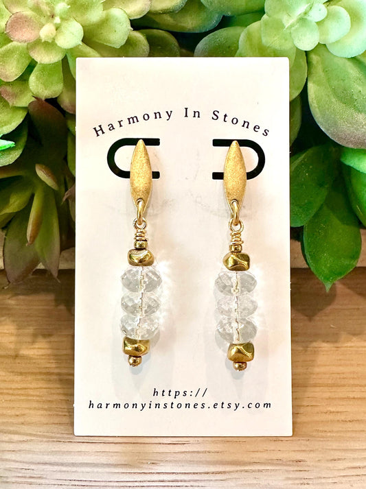 Sparkling clear quartz faceted rondelle gold earrings 2 inches in length non-tarnish gold plated pewter navette posts