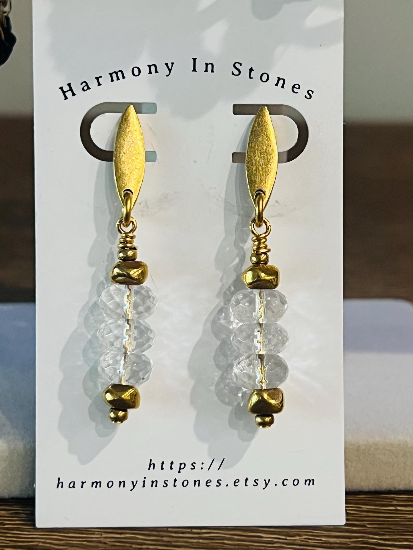 Sparkling clear quartz faceted rondelle gold earrings 2 inches in length non-tarnish gold plated pewter navette posts