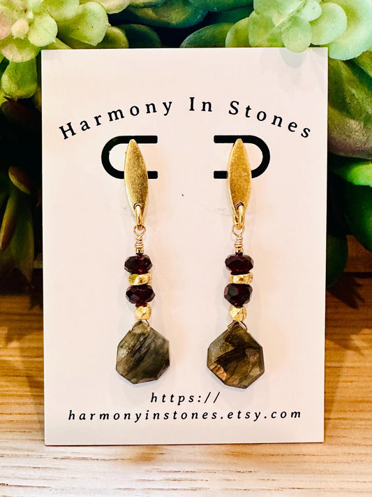 Labradorite and Garnet Beaded Earrings Non-tarnish Gold Plated Pewter Post Drop Earrings Deep Red Garnet Stones Faceted Labradorite