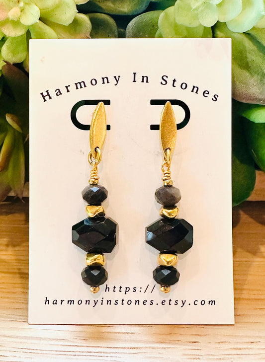 Black Obsidian and Gold Drop Earrings 2.25 inches in Length Faceted Black Obsidian Non-Tarnish Gold Plated Pewter Navette Posts