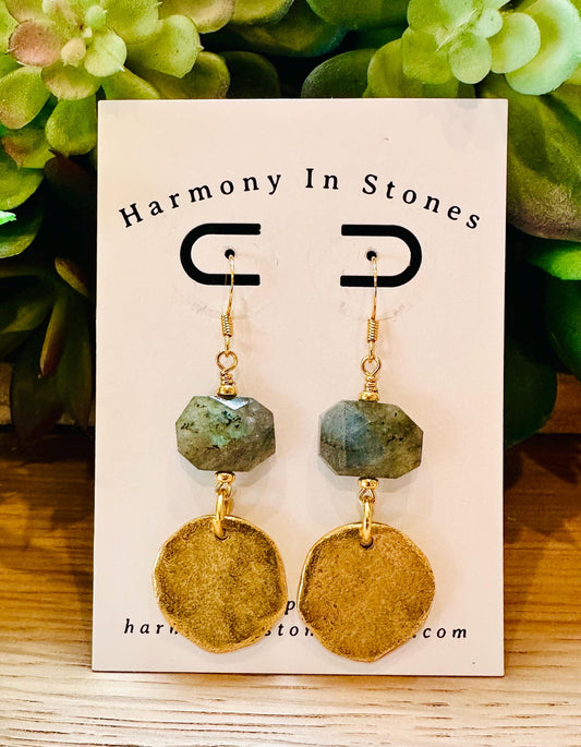 Labradorite and Gold Coin Earrings 2.5 inches in Length Faceted Labradorite Bohemian Drop Earrings
