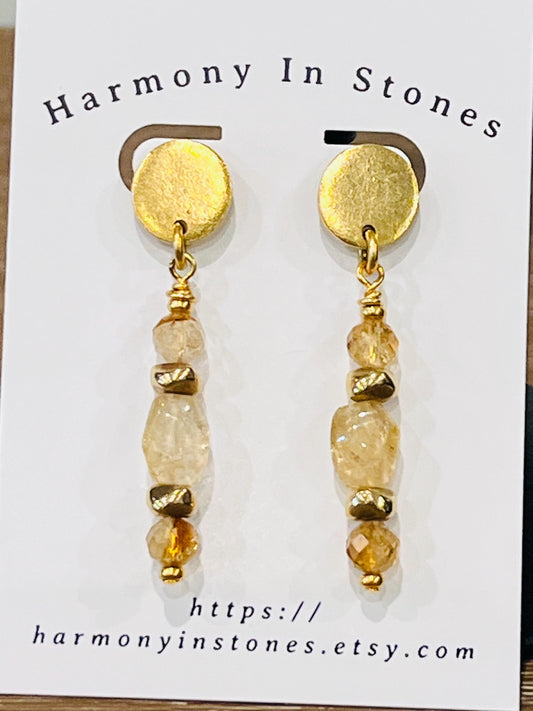 Citrine Beaded Earrings Yellow and Gold Earrings 2 in Non-tarnish Gold Plated Pewter Post Drop Earrings Sparkling Citrine Faceted Stones